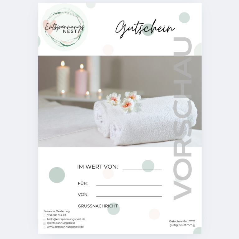 Wertgutschein für eine Wohlfühlbehandlung Wertgutschein für eine Wohlfühlbehandlung mit Details zur Einlösung und dekorativem Hintergrund.