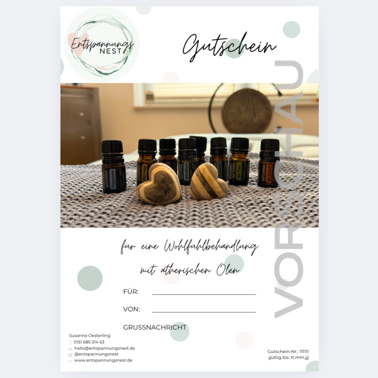 Gutschein für Wohlfühlbehandlung mit ätherischen Ölen Gutschein für ätherische Öle mit Details zur Einlösung und dekorativem Hintergrund.