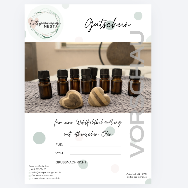 Gutschein für Wohlfühlbehandlung mit ätherischen Ölen Gutschein für ätherische Öle mit Details zur Einlösung und dekorativem Hintergrund.