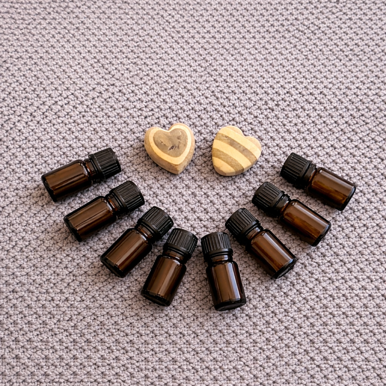 Zwei Herzen und mehrere Flaschen ätherischer Öle als Smiley auf einem karierten Hintergrund.